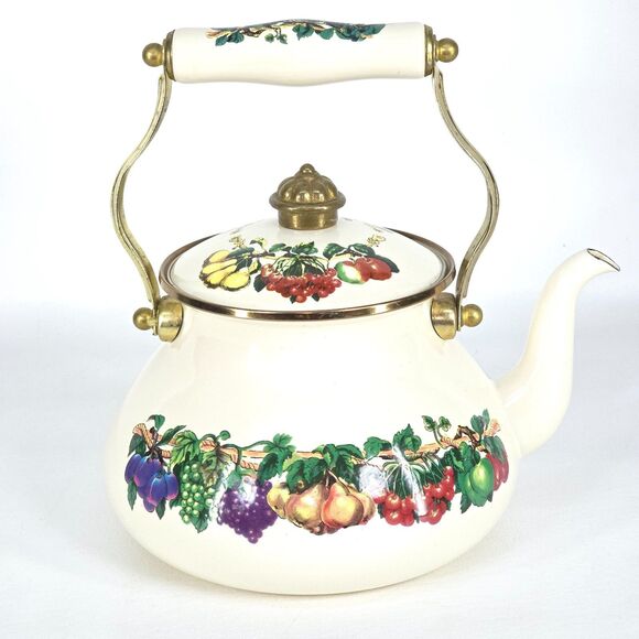Vintage Metro Enamel Teapot Vitroceramic‎ VHTF Fruit Handle Kitchen Collectible - Picture 3 of 11